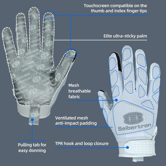 Guantes Seibertron HPIRG para linieros y receptores de fútbol con pantalla táctil, flexibles, transpirables y con protección contra impactos en el dorso, tallas para adultos y jóvenes.