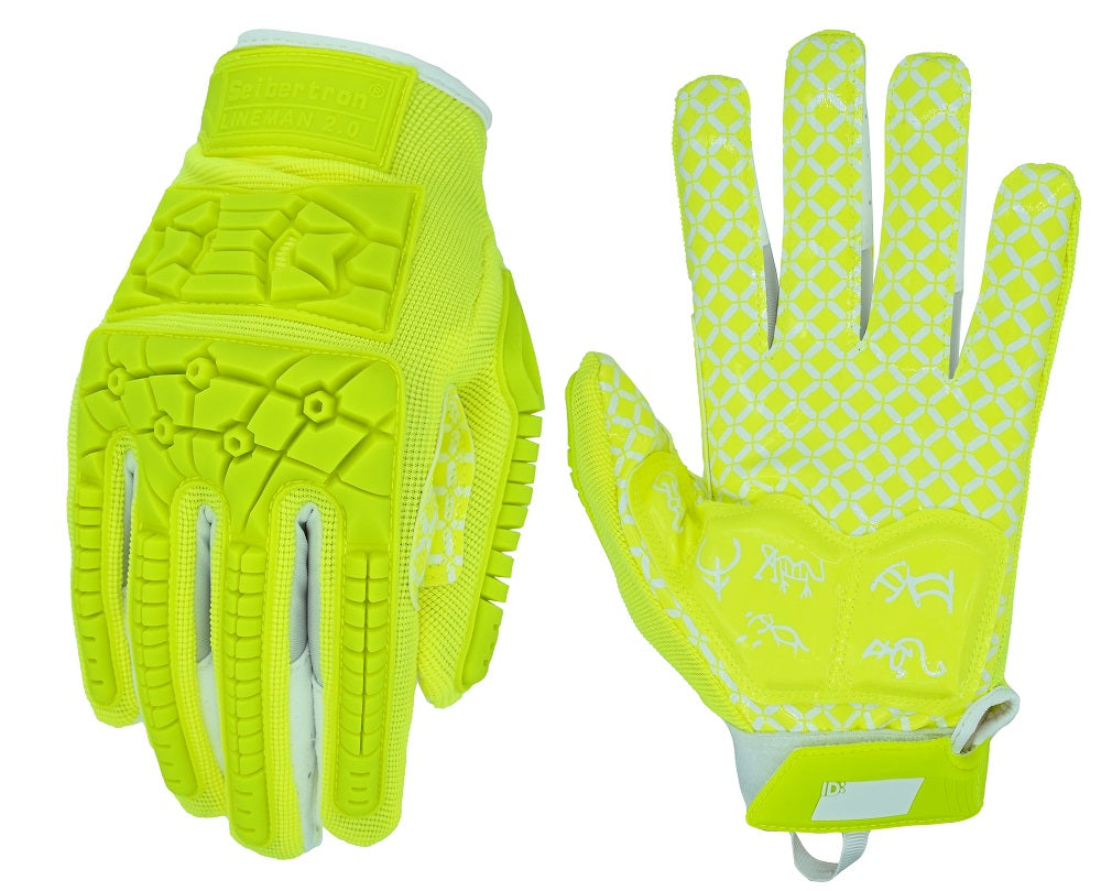 Seibertron Lineman 2.0 Fluorescent Yellow football gloves, front and back on white background