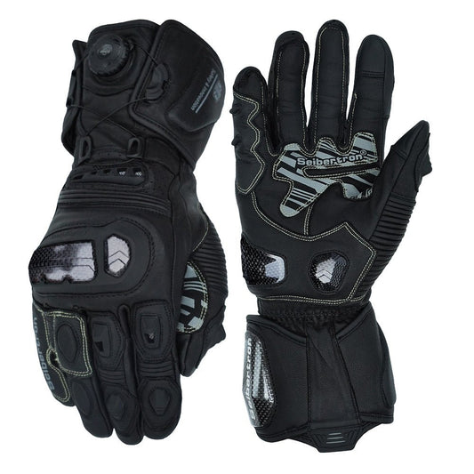 Black leather racing gloves for motorcycle use