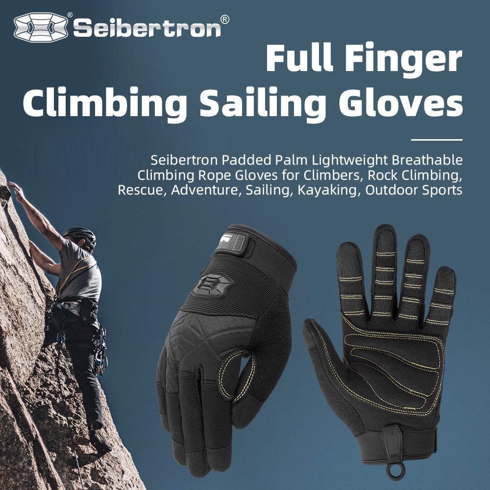 color:Black | Seibertron Full Finger Climbing Sailing Gloves full finger padded palm climbing rope gloves image 01