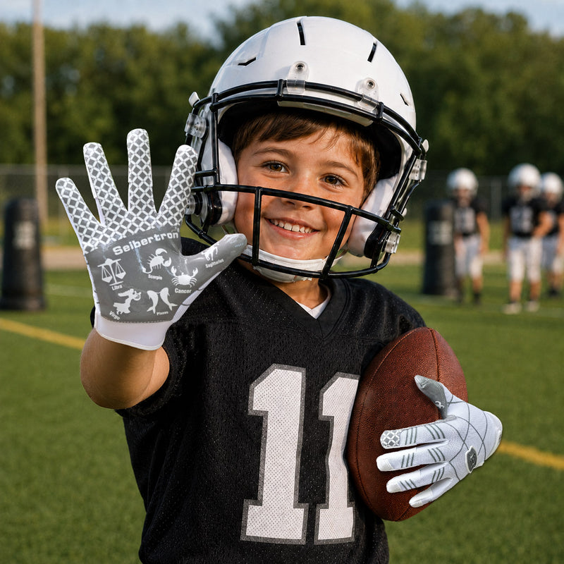 seibertron-gallery:pro3-adult-youth-zodiac-20260716 | product:8668804808894 | color:White | group:Youth | slot:1 | Seibertron PRO 3.0 youth football receiver gloves white zodiac gallery 1