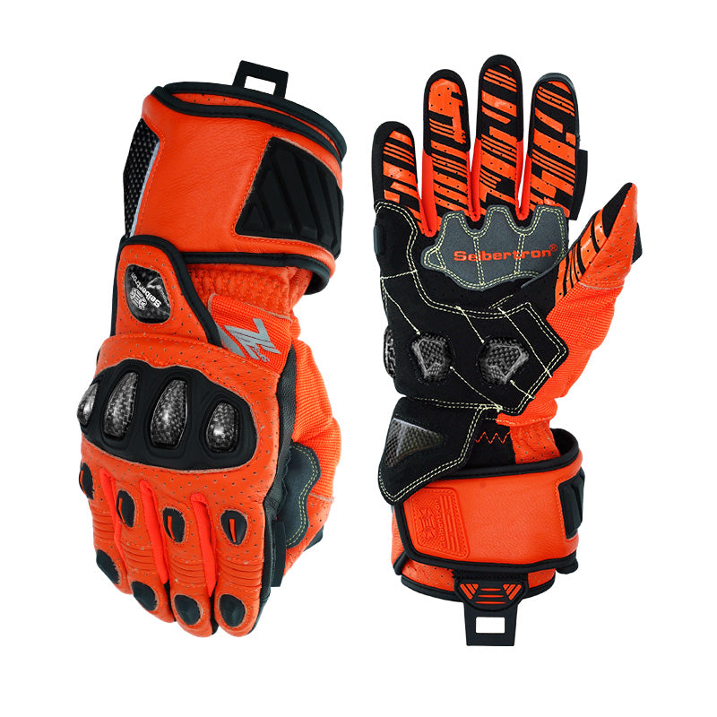 Seibertron SPS-7L long-cuff motorcycle racing gloves in Fluorescent Orange