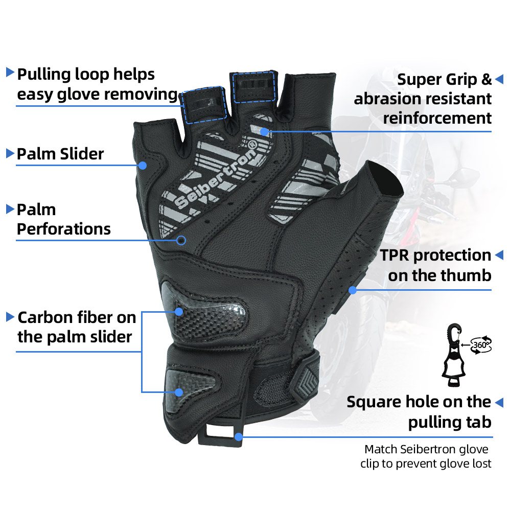 color:Black | Seibertron SPS-9 summer carbon fiber half-finger motorcycle gloves image 03