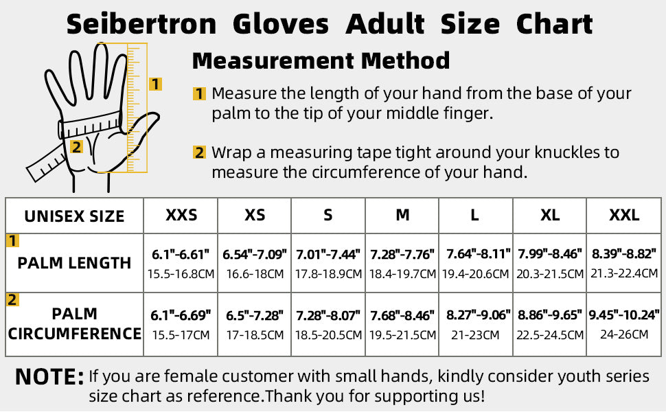 Seibertron H.P.I.L.G Football Gloves Unisex Adult Size Chart with measurement method