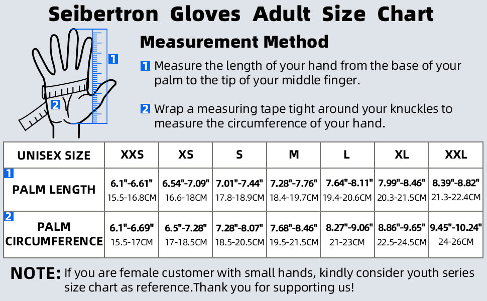 Seibertron H.P.I.R.G Football Gloves Unisex Adult Size Chart with measurement method