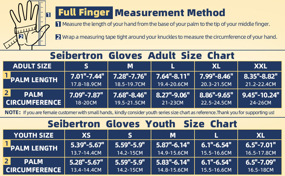 Seibertron Full Finger Lineman 2.0 Football Gloves Youth and Adult Size Reference with measurement method