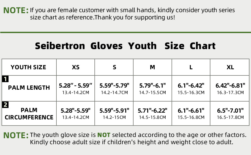Seibertron Pro 3.0 Youth Football Gloves Youth and Adult Size Reference with measurement method