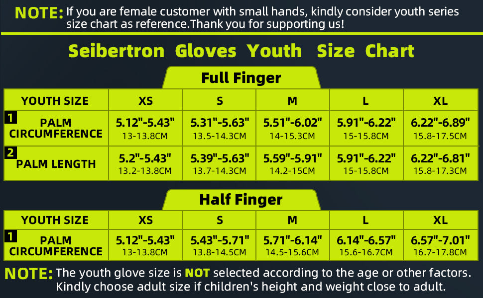 Dirtclaw Fingerless Motocross Gloves Adult and Youth Size Chart youth reference with measurement method
