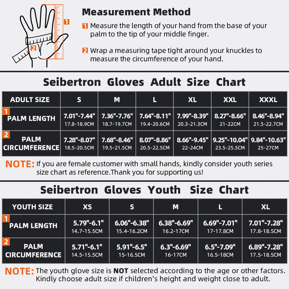 SPS-4 Winter Motorcycle Gloves Adult and Youth Size Chart with measurement method
