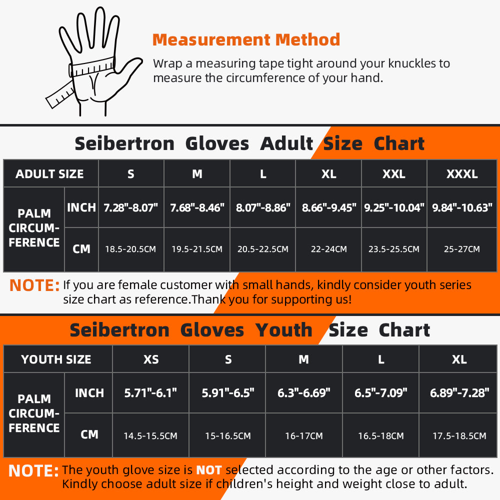 SPS-5 Half-Finger Motorcycle Gloves Adult and Youth Half-Finger Size Chart with measurement method