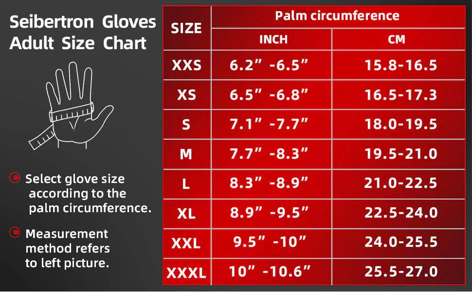 SPW-3 Rechargeable Heated Gloves Adult Heated Glove Size Chart with measurement method