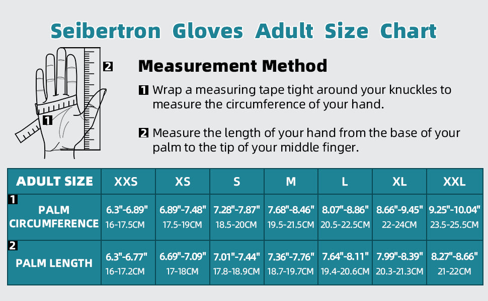 T.F.F.I.G 2.0 Gloves Adult Size Chart with measurement method
