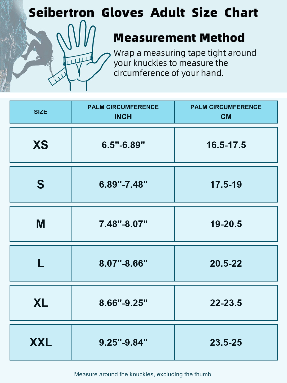 Seibertron climbing gloves adult vertical palm circumference size chart