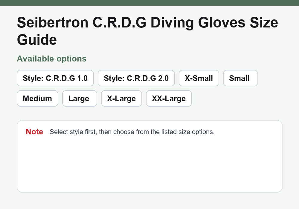 Seibertron C.R.D.G diving gloves size options guide