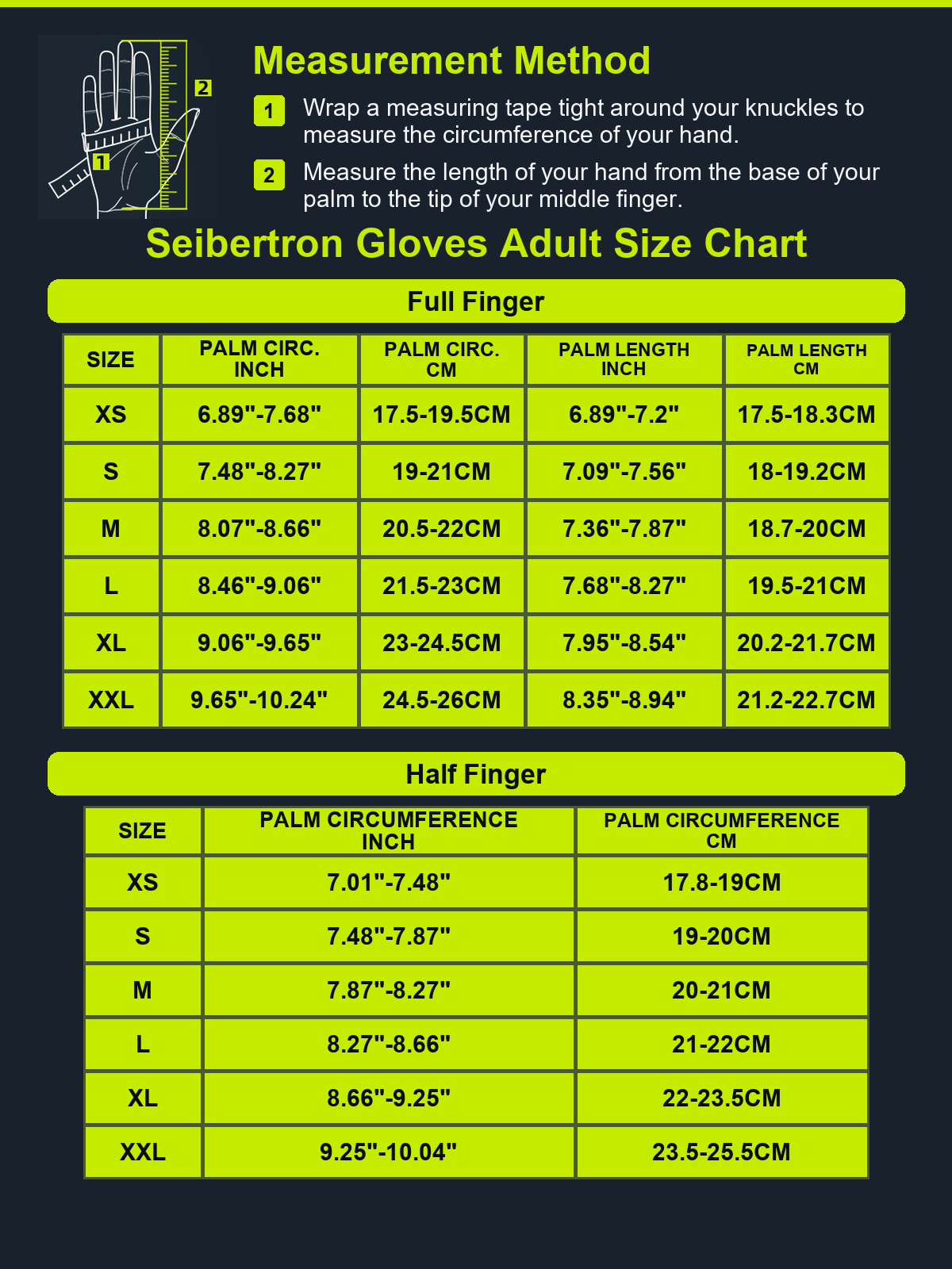 Seibertron Dirtclaw adult motocross gloves size chart