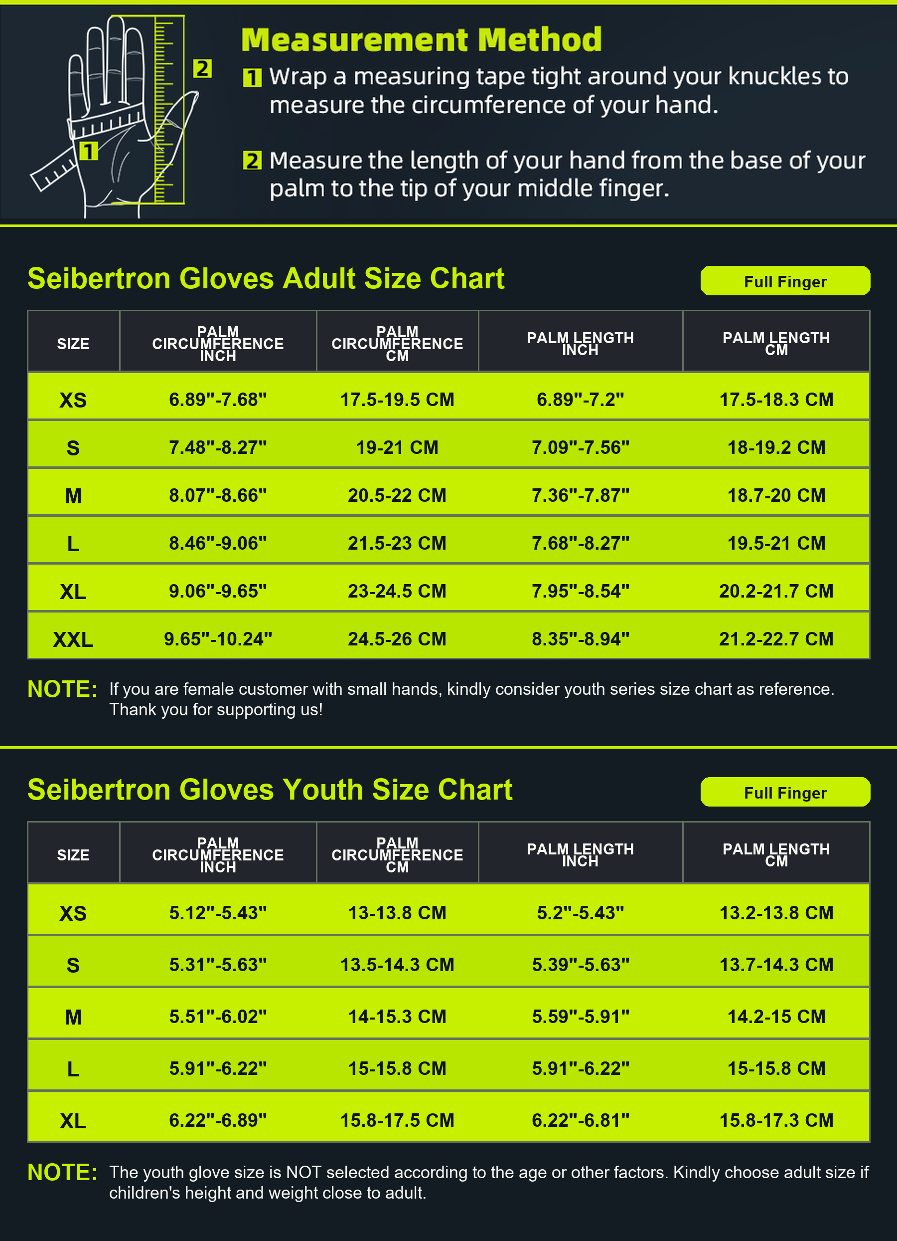 Seibertron Dirtpaw adult and youth motocross gloves size chart