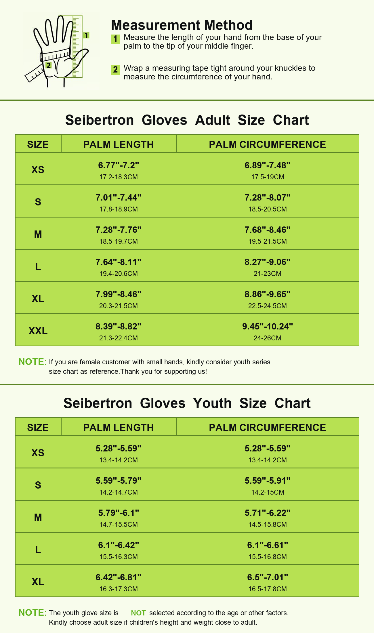 Seibertron G.A.R.G 2.0 adult and youth football receiver gloves size chart