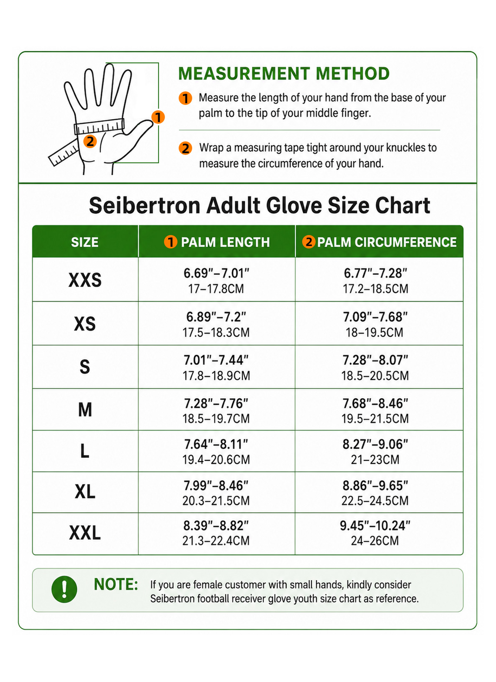 Seibertron adult football receiver glove size chart with palm length and circumference measurements