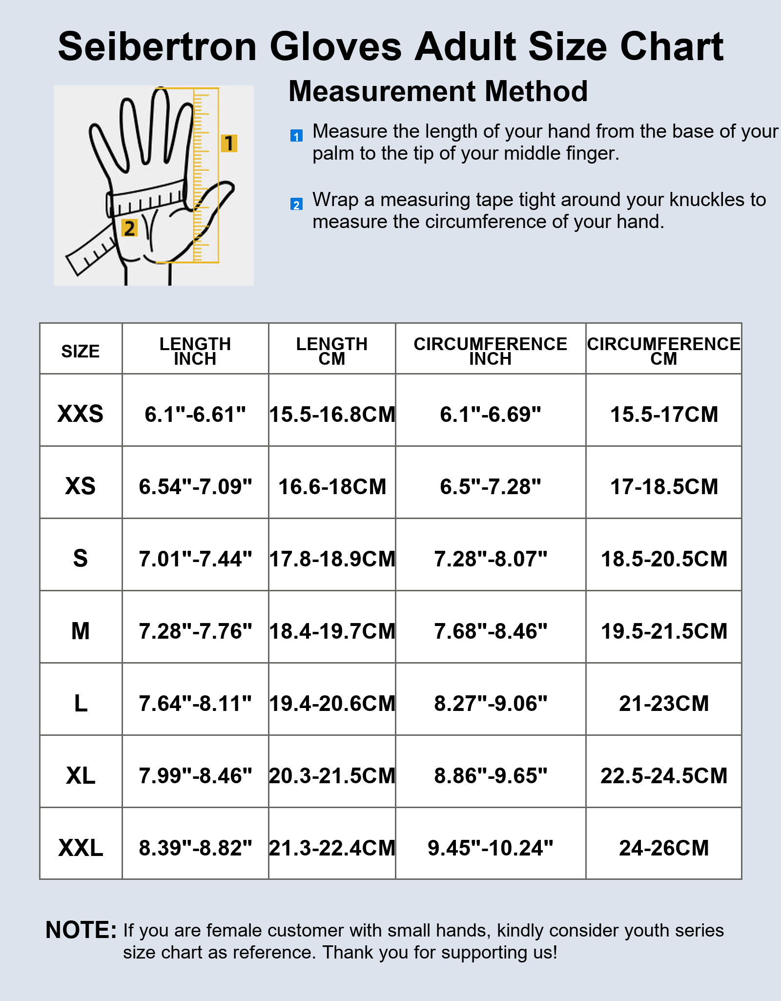 Seibertron H.P.I.L.G football lineman gloves unisex size chart