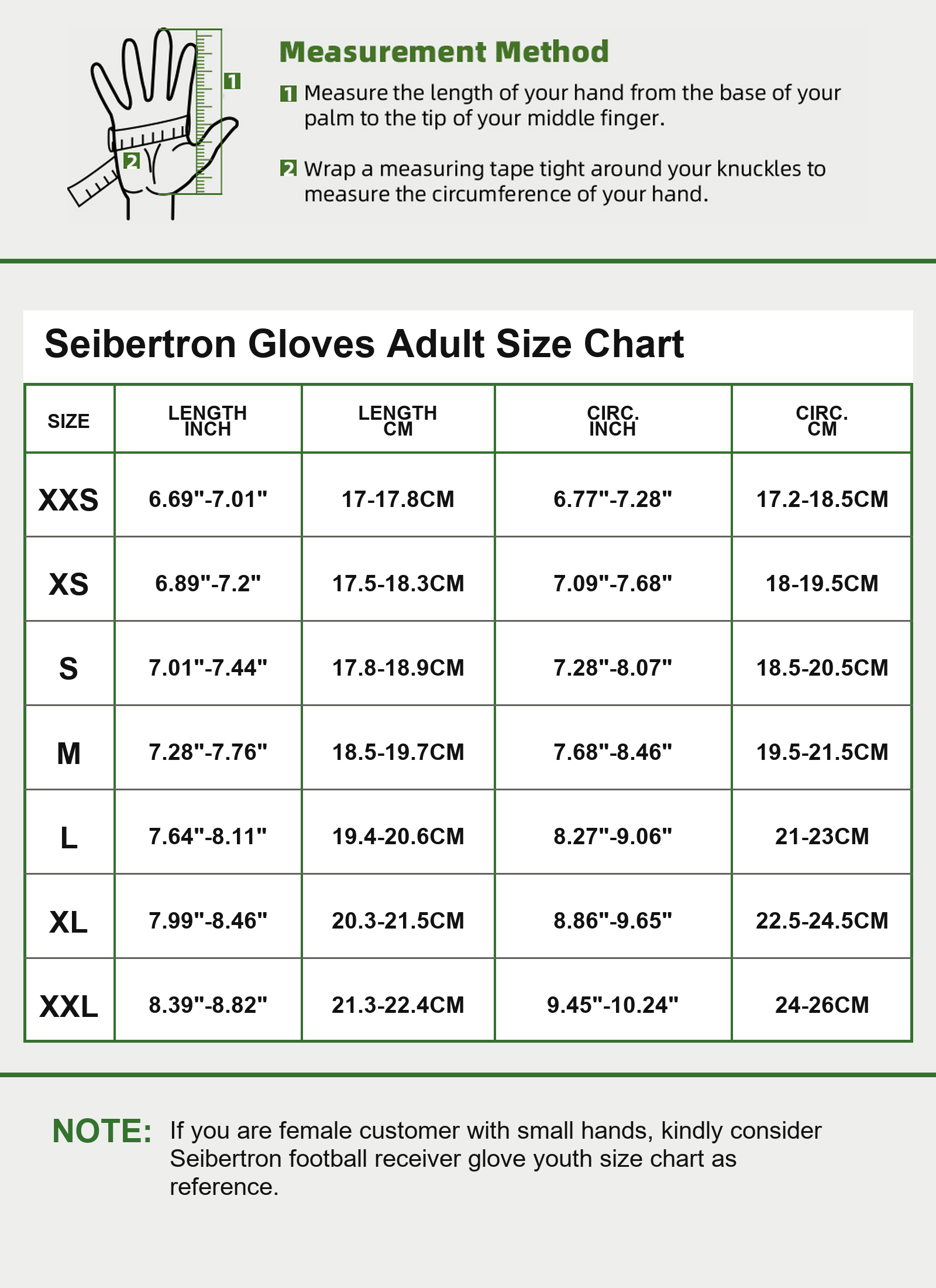 Seibertron PRO 3.0 adult football receiver gloves size chart
