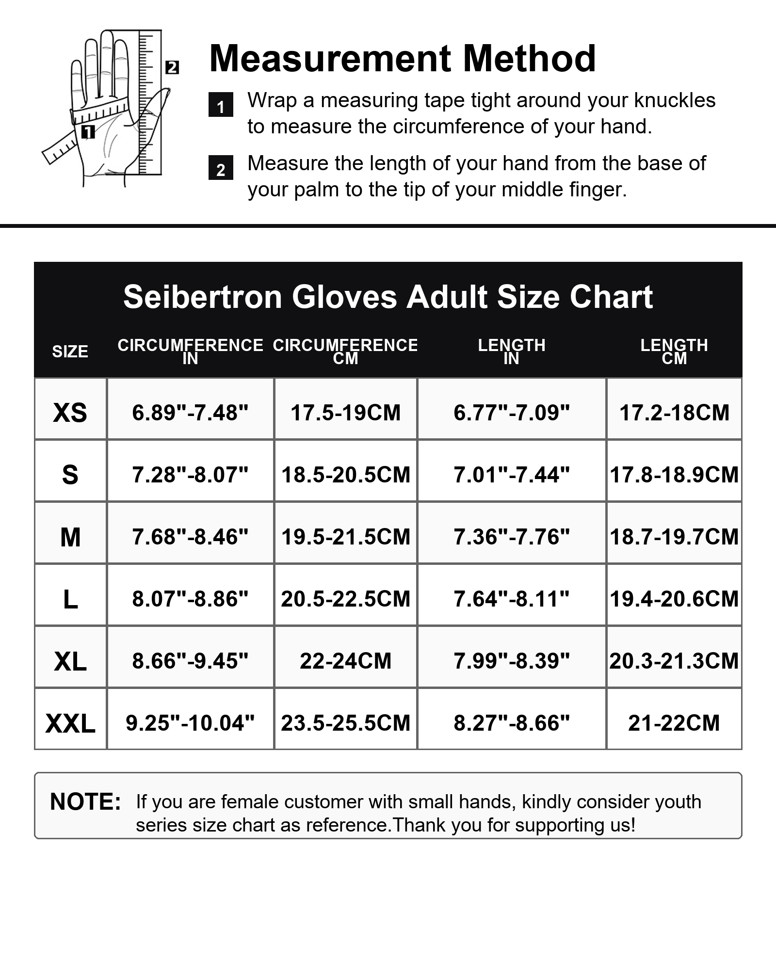 Seibertron S.P.B.G 2.0 adult batting gloves size chart