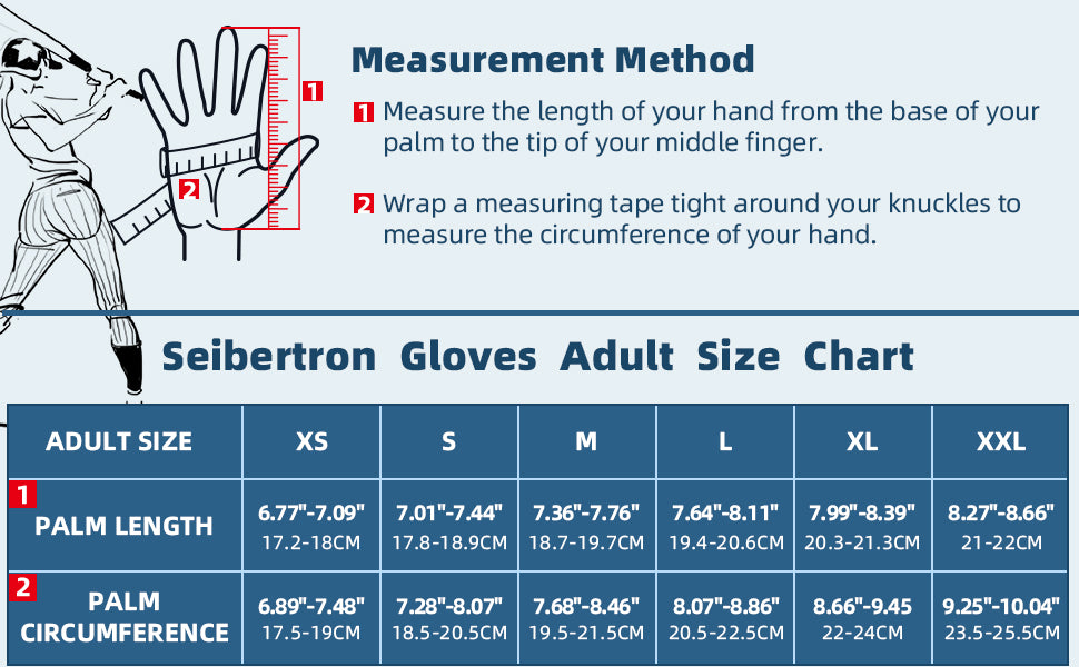 Seibertron S.P.B.G 2.0 adult batting gloves size chart