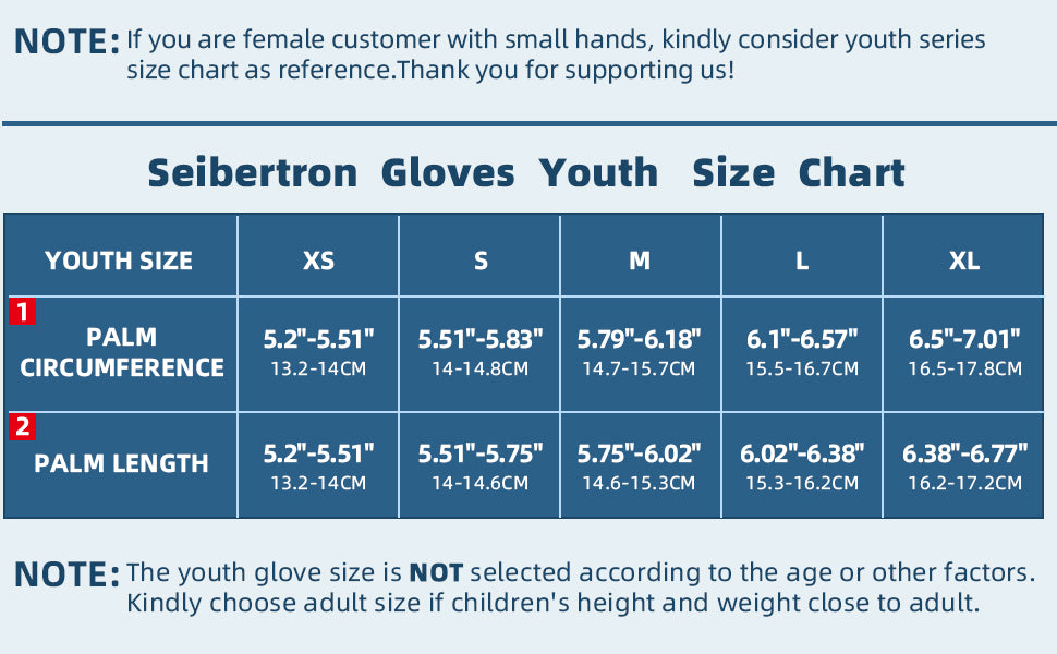 Seibertron S.P.B.G 2.0 youth batting gloves size chart
