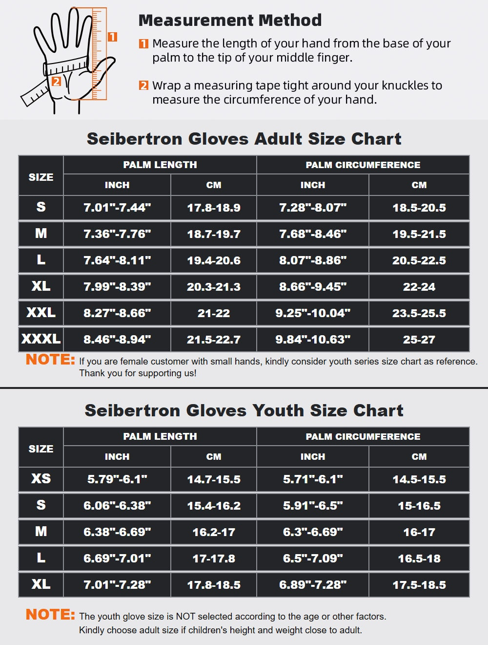 Seibertron SPS-4 winter motorcycle gloves size chart