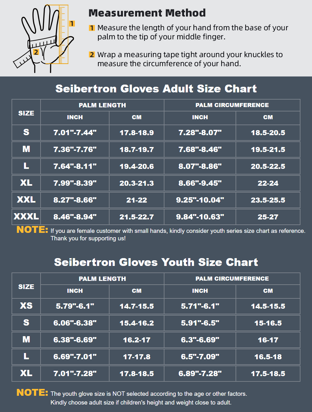 Seibertron SPS-10 motorcycle gloves vertical adult and youth size chart