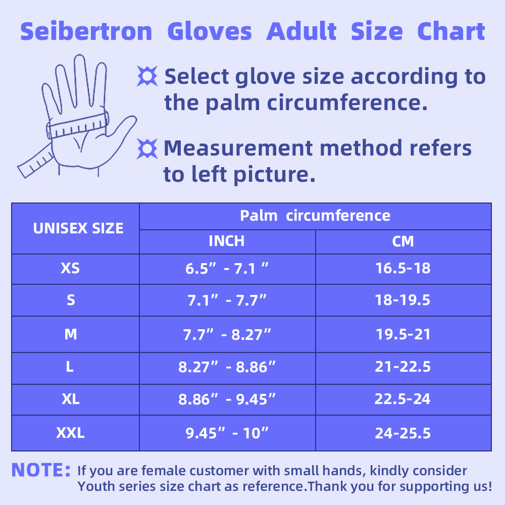 Seibertron SPSG UV adult gloves size chart