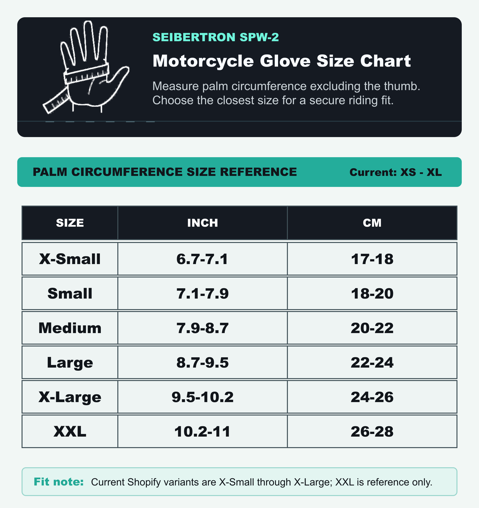 Seibertron SPW-2 motorcycle gloves palm circumference size chart with open hand and measuring tape