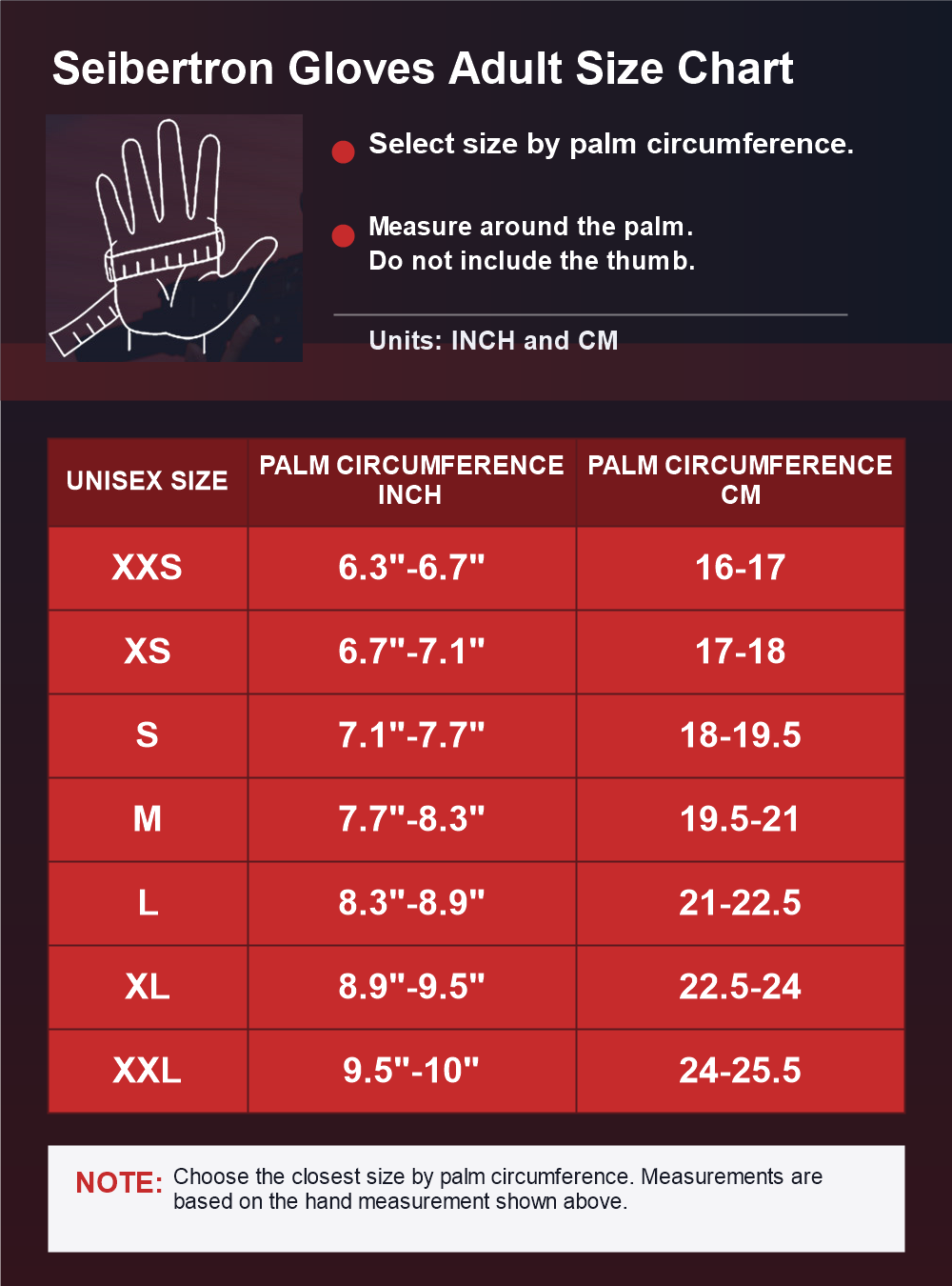 Seibertron S.O.L.A.G-T three fingerless tactical gloves vertical size chart