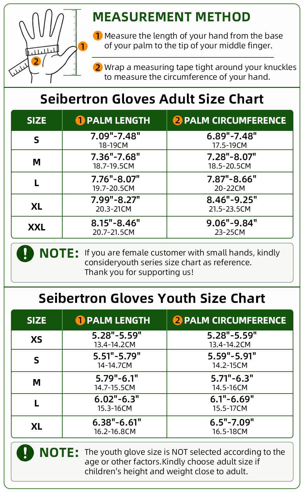 Seibertron 4X4 black driving gloves adult and youth size chart with hand measurement method