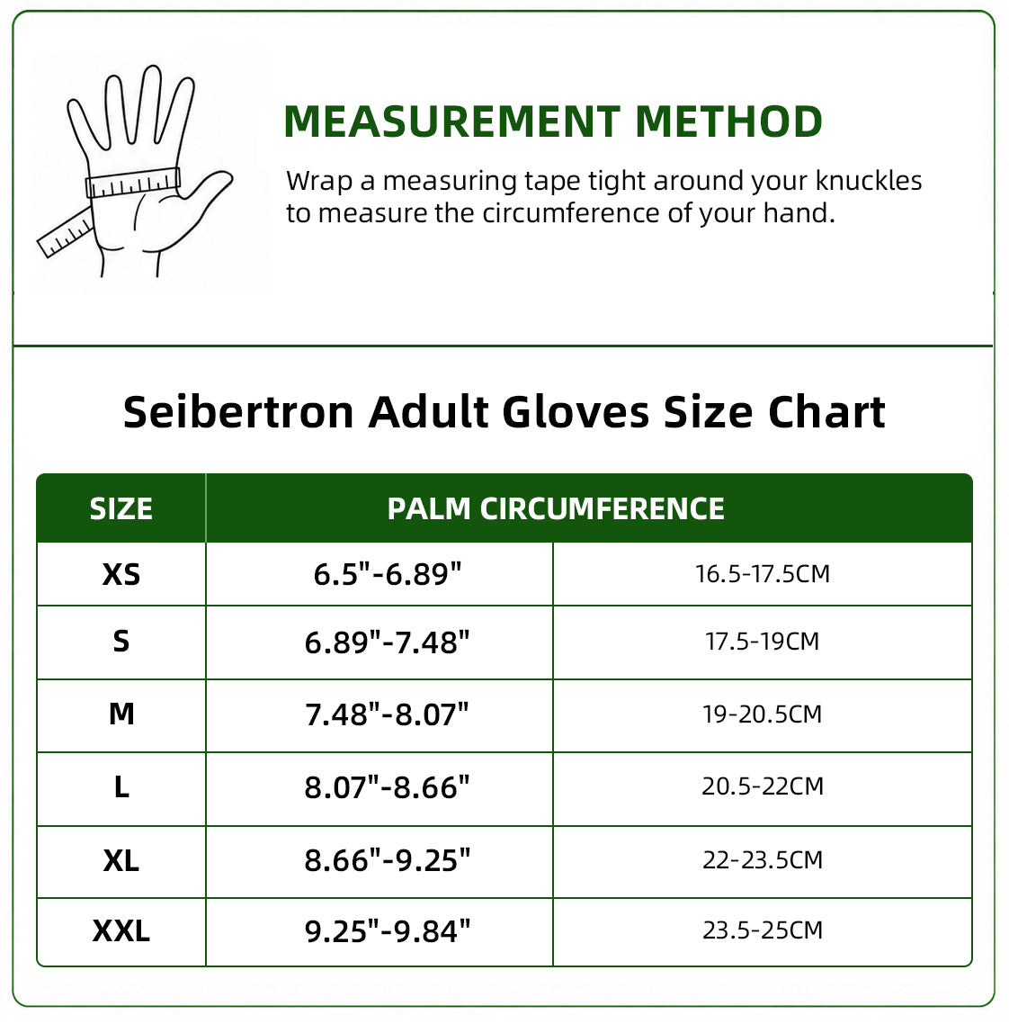 Seibertron padded palm half finger climbing gloves adult size chart with hand measurement method