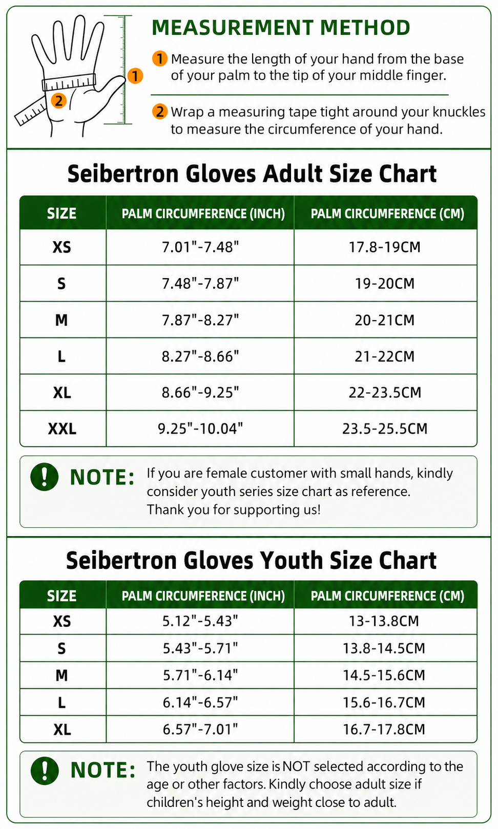 Seibertron Dirtclaw adult and youth fingerless motocross gloves size chart with hand measurement method