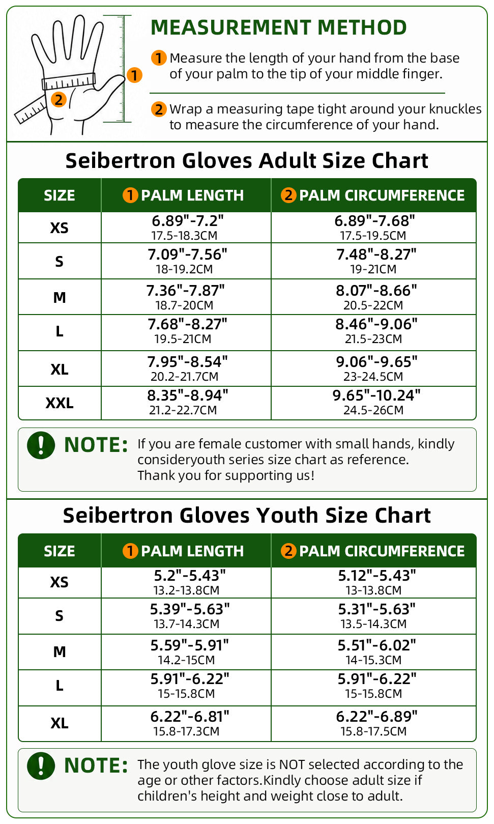 Seibertron Dirtpaw adult and youth motocross gloves size chart with hand measurement method