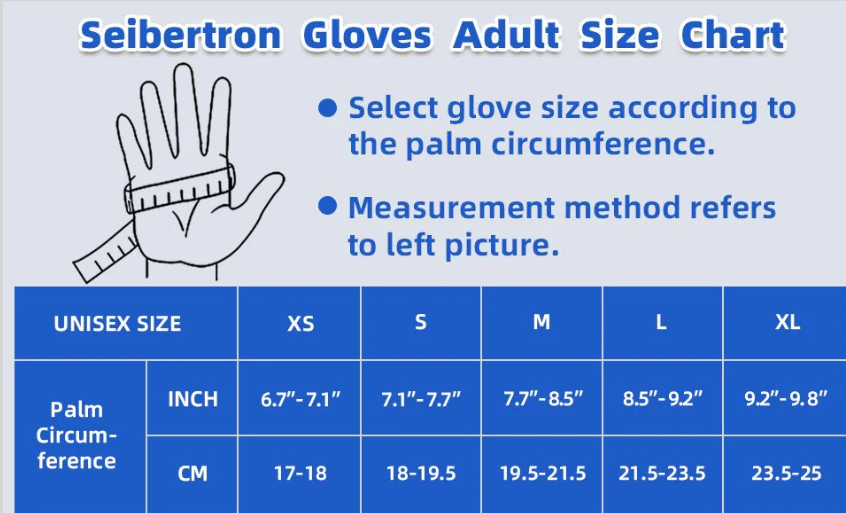 Seibertron PRO 2.0 fitness gloves adult palm circumference size chart