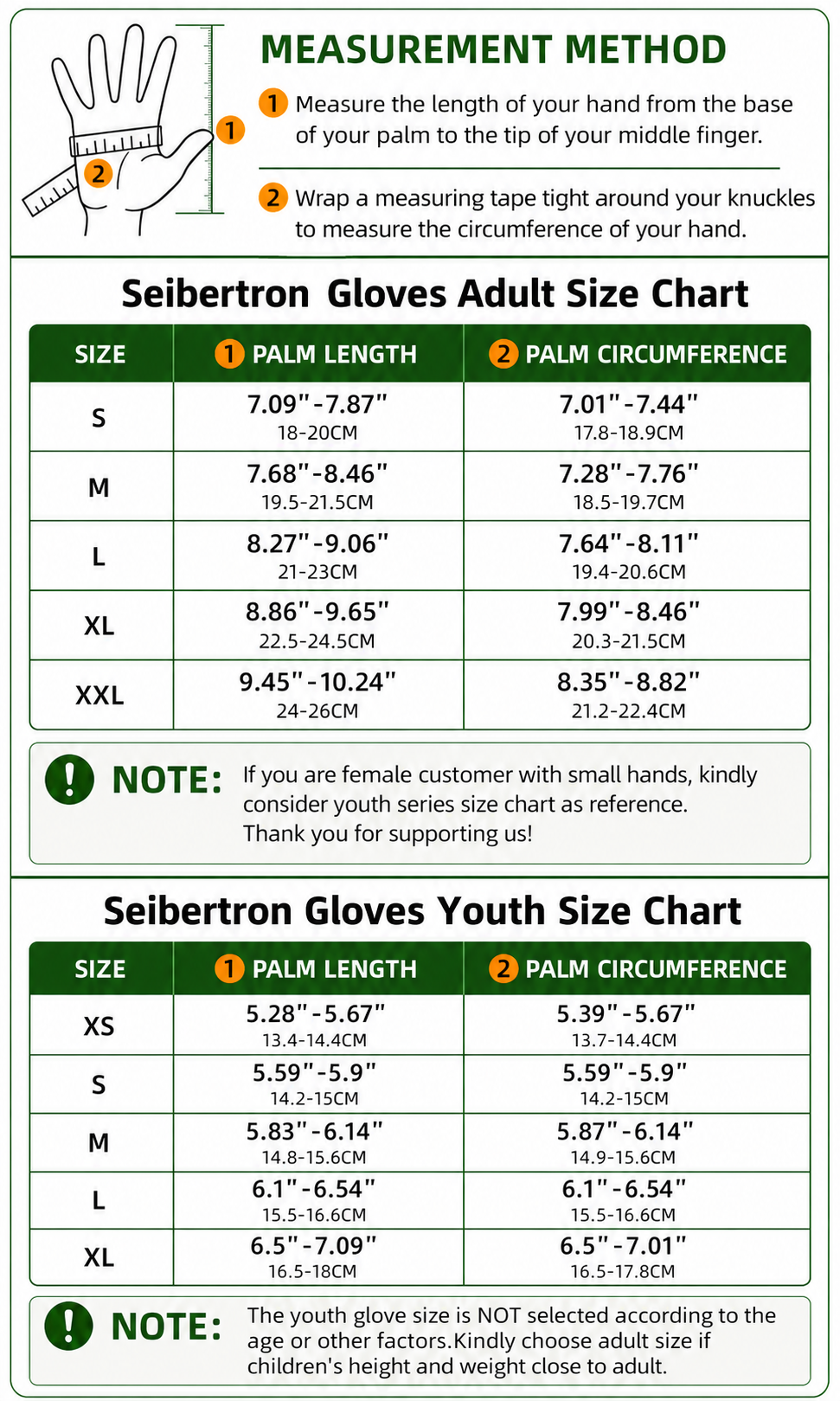 Seibertron full finger football lineman gloves adult and youth size chart with hand measurement method