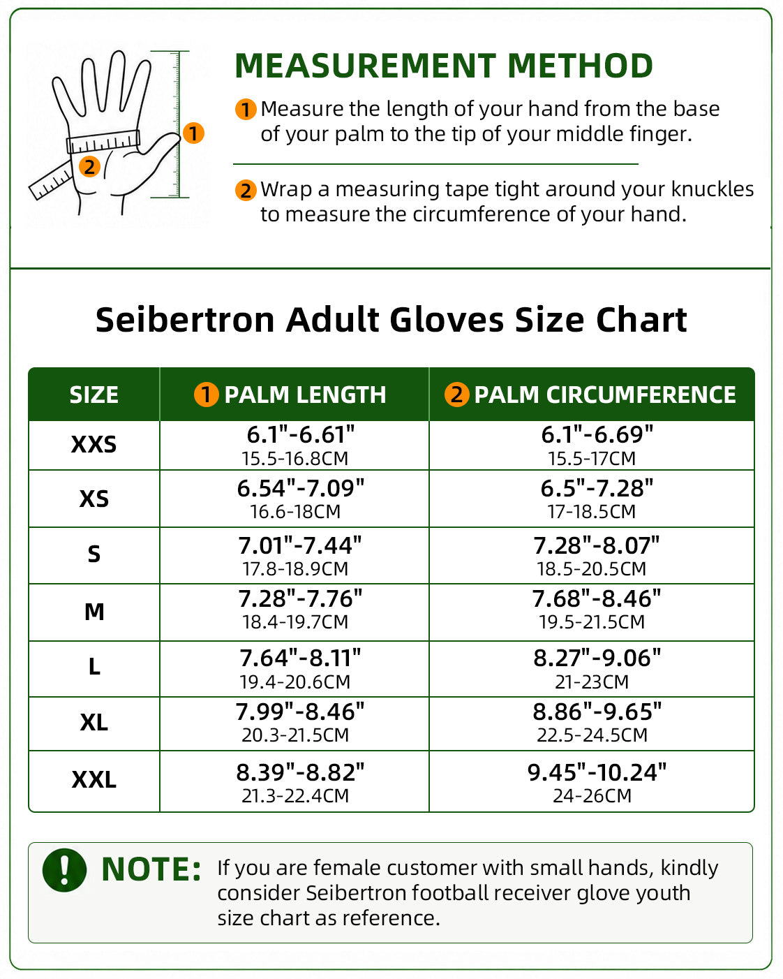 Seibertron H.P.I.L.G football gloves adult and youth size chart with hand measurement method