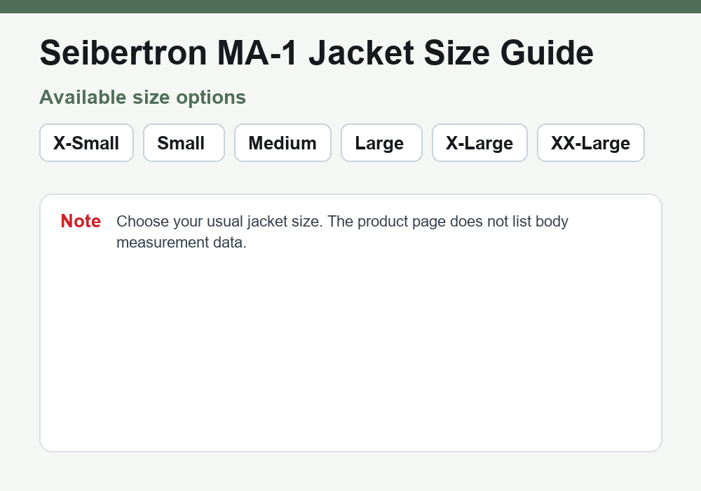 Seibertron MA-1 jacket size options guide