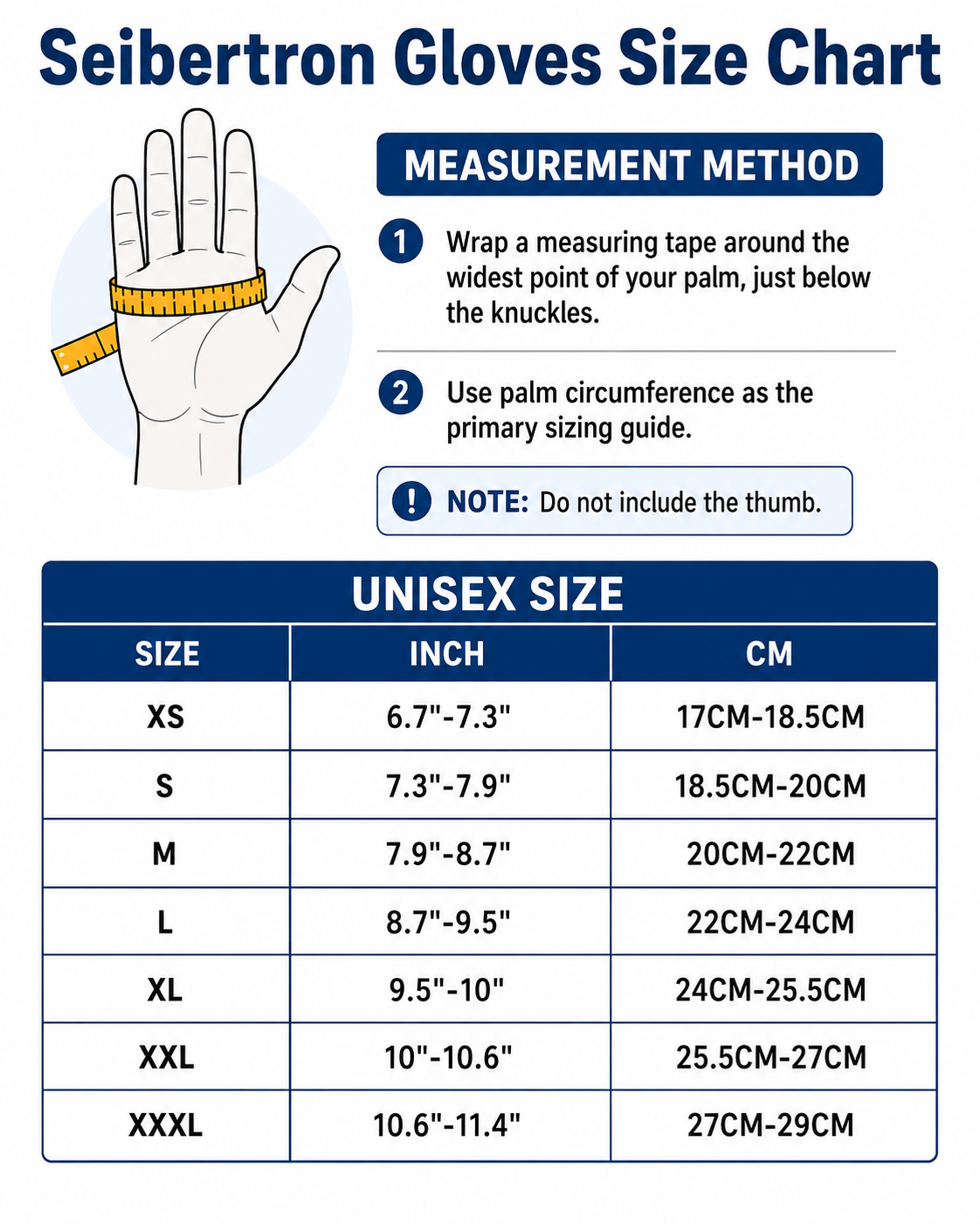 Seibertron S-Flexible work gloves size chart