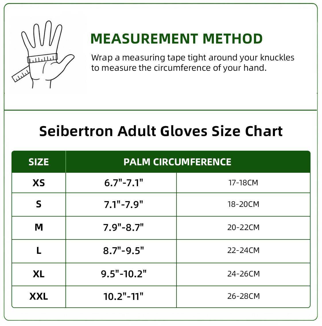 Seibertron SPW-2 adult motorcycle gloves palm circumference size chart with hand measurement method