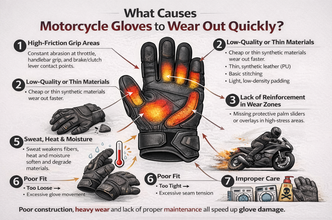 What causes motorcycle gloves to wear out quickly?