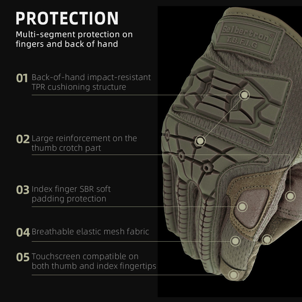 Seibertron T.B.F.I.G Tactical Outdoor Gloves, Breathable Flexible Rubber Impact Protection, Touchscreen, CE Rated Tac Gloves