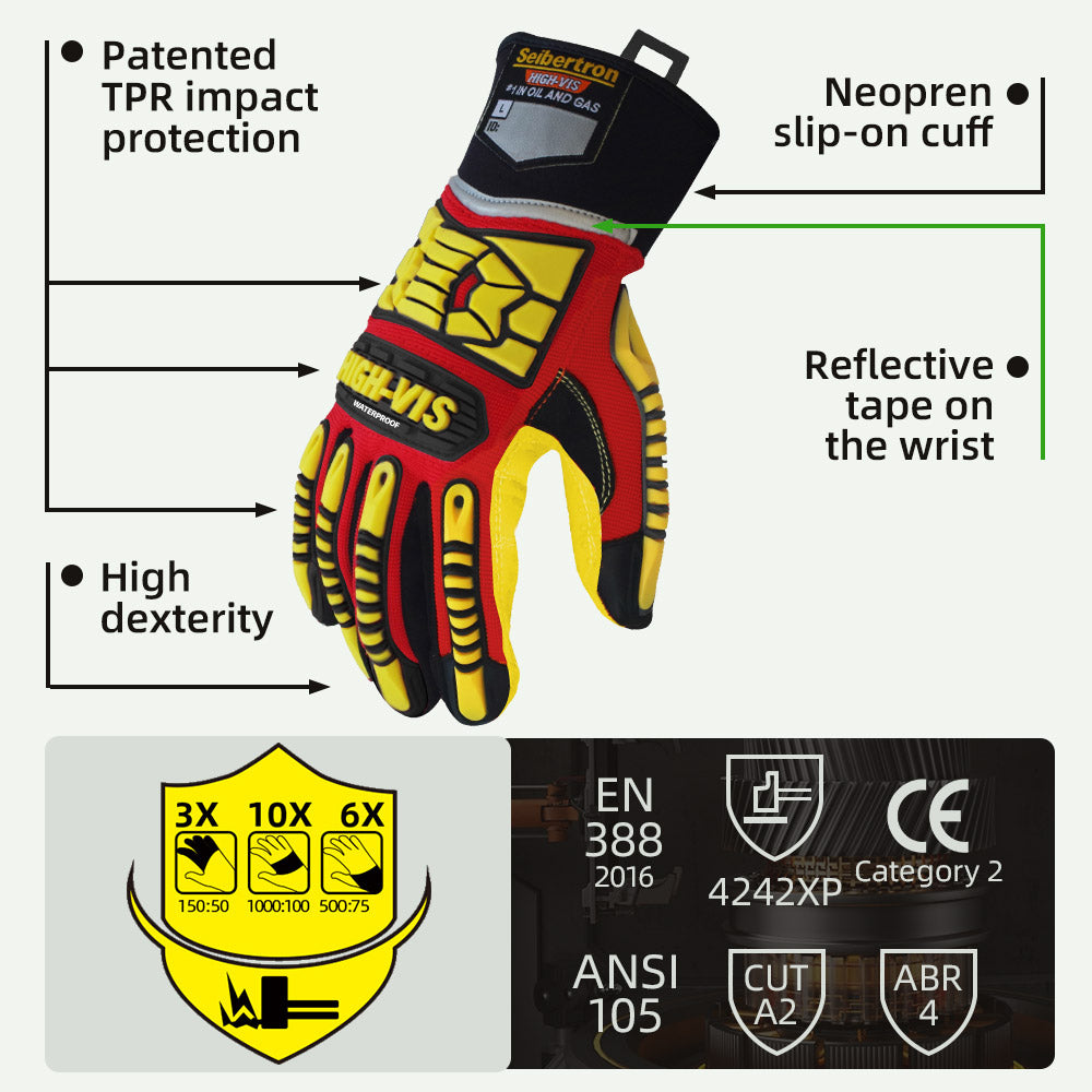 Seibertron SDXB Waterproof Anti-Slip Gloves with TPR Impact Protection, Hipora Waterproof Insert & Reflective Tape for Oil & Gas, Heavy Duty Work