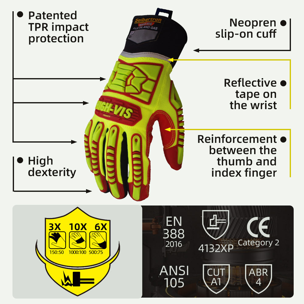 Seibertron HIGH-VIS HRIG Anti Impact Work Gloves Hi-Vis Oil and Gas Water Resistant Safety Heavy Duty Utility Mechanic Rigger Glove with TPR Protection Yellow Red CE EN388 4132