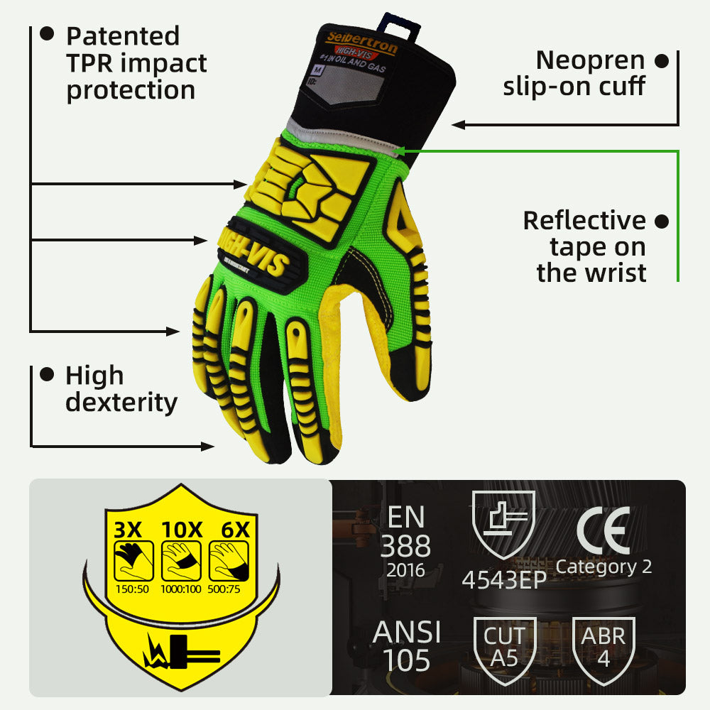 Seibertron HIGH-VIS SDXC5 Mechanics Cut5 Impact Cut Puncture Resistant Gloves Oil and Gas/Oilfield Safety Gloves CE EN388 4543