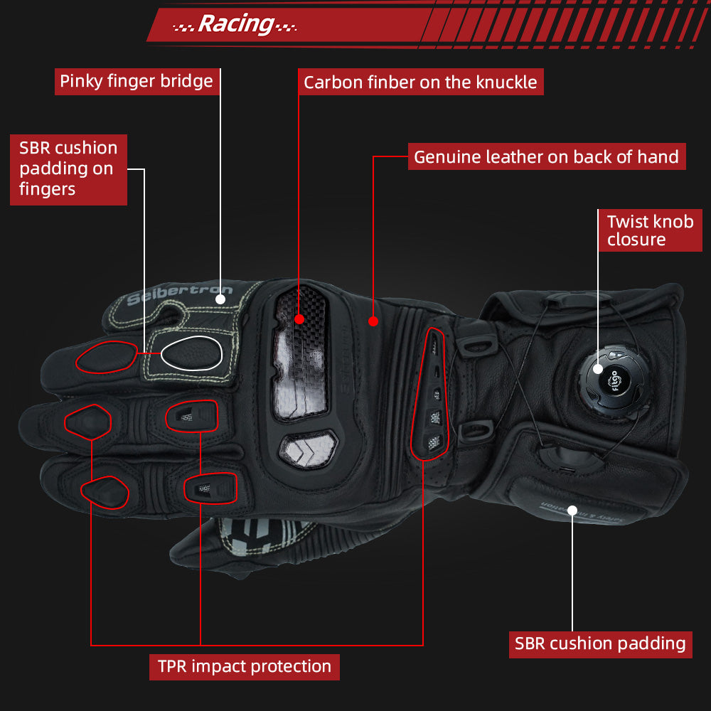 Seibertron SPS-6 All-Season Leather Motorcycle Gloves with Carbon Fiber Protection, Breathable Design, and Anti-Slip Grip – Perfect for Road Racing, Track Riding, and Long-Distance Touring