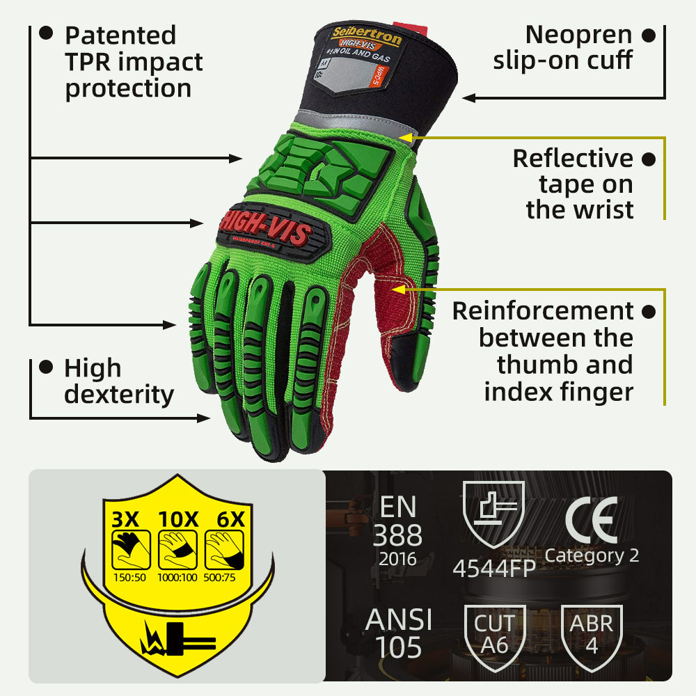 Seibertron HIGH-VIS WPC5 Level 5 Cut Resistant Cold Weather Condition Waterproof Impact Oil and Gas Safety Gloves