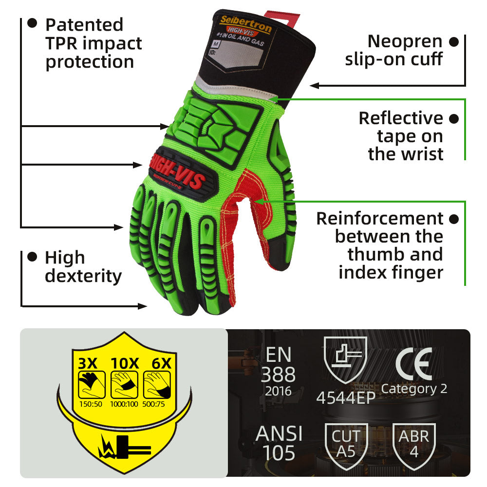 Seibertron HIGH-VIS HDC5 Level 5 Cut Resistant Deckhand Gloves High Performance Protection Impact Resistant Oil and Gas Safety Gloves CE EN388 4543